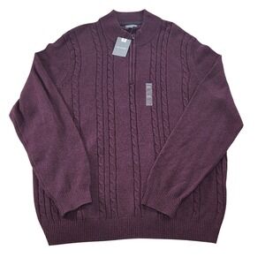 NWT Van Heusen Mockneck 1/4 Zip Knit Cable Sweater Pinot‎ Noir Mens XXL